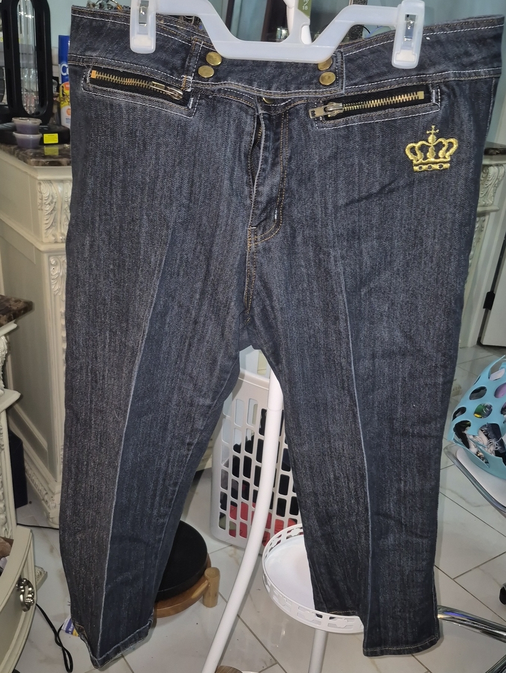 Old School Dark Denim Women Jeans with Gold Crown Embroidery